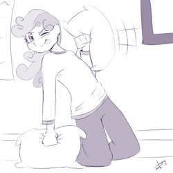 Size: 800x800 | Tagged: safe, artist:crade, sweetie belle, human, clothes, female, humanized, monochrome, pillow, pillow fight, solo, solo female