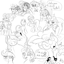 Size: 2000x2000 | Tagged: safe, artist:crade, applejack, carrot top, golden harvest, lyra heartstrings, pinkie pie, princess luna, rainbow dash, rarity, scootaloo, sweetie belle, oc, alicorn, earth pony, pegasus, pony, unicorn, clothes, collar, cookie, crown, dialogue, dress, eyes closed, female, filly, food, heart, jewelry, kiss on the cheek, kissing, looking at you, mare, monochrome, open mouth, peytral, regalia, sketch, speech bubble, sunglasses, vulgar