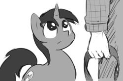 Size: 1016x670 | Tagged: safe, artist:crade, oc, human, pony, unicorn, collar, monochrome