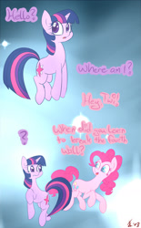 Size: 1000x1612 | Tagged: safe, artist:crade, pinkie pie, twilight sparkle, earth pony, pony, unicorn, floating, fourth wall