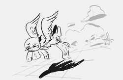 Size: 1067x696 | Tagged: safe, artist:imsokyo, imported from ponybooru, helia, pegasus, pony, flying, grayscale, monochrome, no fucks, solo focus, upside down