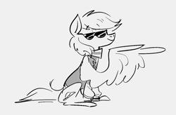 Size: 1074x706 | Tagged: safe, artist:imsokyo, imported from ponybooru, oc, oc only, oc:blue skies, pegasus, pony, clothes, grayscale, jacket, male, monochrome, pointing, simple background, sitting, solo, stallion, sunglasses, white background, wing hands, wings