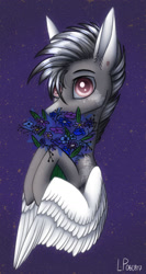 Size: 1280x2398 | Tagged: safe, artist:ajaxorsomething, imported from derpibooru, oc, pegasus, pony, bust, colored wings, flower, male, portrait, solo, stallion, wings