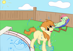 Size: 3288x2300 | Tagged: safe, artist:mlpfimguy, imported from ponybooru, oc, earth pony, pony, behaving like a dog, covering, cute, diving board, drying, female, fence, missing cutie mark, poolside, shaking, splash, unaware, wet