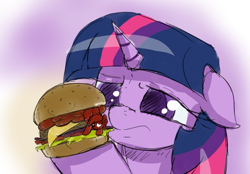 Size: 1571x1093 | Tagged: safe, artist:anonymous, twilight sparkle, condiment pony, food pony, goo, goo pony, ketchup pony, original species, pony, unicorn, burger, condiment, drawthread, droopy ears, female, food, frown, hamburger, ketchup, ponified, sauce, stare