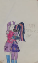Size: 1280x2112 | Tagged: safe, artist:brandonale, imported from derpibooru, sci-twi, twilight sparkle, twilight velvet, human, equestria girls, clothes, duo, duo female, equestria girls-ified, eyes closed, female, glasses, hug, mother and child, mother and daughter, mother's day