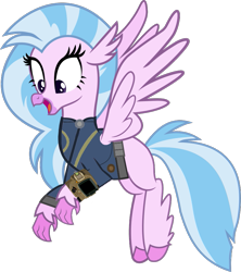 Size: 765x860 | Tagged: safe, artist:crystalmagic6, artist:ponygamer2020, imported from derpibooru, silverstream, classical hippogriff, hippogriff, fallout equestria, school daze, claws, clothes, cute, diastreamies, fallout, female, flying, full body, happy, jewelry, jumpsuit, necklace, open mouth, pipboy, simple background, smiling, solo, spread wings, transparent background, vault suit, vector, wings