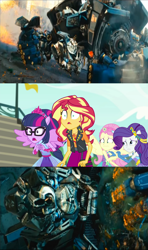 Size: 1920x3240 | Tagged: safe, edit, edited screencap, imported from derpibooru, screencap, fluttershy, rarity, sci-twi, sunset shimmer, twilight sparkle, robot, cheer you on, equestria girls, equestria girls series, spoiler:eqg series (season 2), autobot, bayformers, clash of hasbro's titans, comparison, cosmic rust, irl, ironhide, michael bay, paramount pictures, photo, ponied up, scitwilicorn, shrunken pupils, super ponied up, transformers, transformers dark of the moon