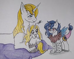 Size: 720x571 | Tagged: safe, artist:theumbramistress, imported from derpibooru, prince blueblood, oc, oc:charlotte lustermane, oc:eclipse sunshine, hybrid, pony, unicorn, father and child, father and daughter, female, filly, interspecies offspring, lying down, male, offspring, parent:discord, parent:prince blueblood, parent:princess celestia, parent:trixie, parents:bluetrix, parents:dislestia, pillow, prone, traditional art, trio, unshorn fetlocks