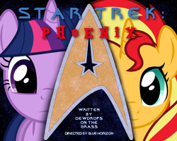 Size: 1280x1024 | Tagged: safe, artist:dewdrops on the grass, imported from derpibooru, sunset shimmer, twilight sparkle, pony, unicorn, fanfic:star trek: phoenix, cover art, crossover, duo, duo female, fanfic, fanfic art, fanfic cover, fanfiction art, female, mare, star trek, stars, text, unicorn twilight, vector