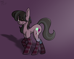 Size: 1830x1466 | Tagged: safe, artist:revenge.cats, imported from derpibooru, oc, oc only, earth pony, pony, barrette, bow, clothes, colored pupils, cutie mark, femboy, hair bow, hairclip, looking at you, male, raised tail, signature, simple background, smiling, socks, solo, solo male, stockings, striped mane, striped socks, tail, thick, thigh highs, wavy mouth