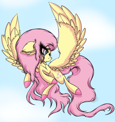 Size: 1080x1145 | Tagged: safe, artist:beamybutt, artist:fruiitypieq, artist:shycookieq, imported from derpibooru, fluttershy, pegasus, pony, collaboration, colored hooves, ear fluff, eyelashes, female, flying, looking back, mare, solo, wings