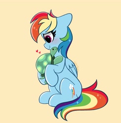 Size: 3934x4000 | Tagged: safe, artist:kittyrosie, imported from derpibooru, rainbow dash, tank, pegasus, pony, tortoise, blushing, cute, dashabetes, duo, female, happy, high res, hoof hold, hug, male, mare, pet, simple background, smiling, tankabetes, yellow background