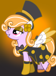 Size: 1080x1472 | Tagged: safe, artist:fruiitypieq, artist:shycookieq, imported from derpibooru, oc, oc only, pegasus, pony, abstract background, bedroom eyes, bowtie, clothes, dress, eyelashes, female, flower, flower in hair, hat, mare, pegasus oc, solo, top hat, two toned wings, wings