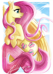 Size: 720x1003 | Tagged: safe, artist:cold-creature, imported from derpibooru, fluttershy, pegasus, pony, card, chest fluff, cloud, female, looking away, mare, open mouth, profile, sky, solo, wings