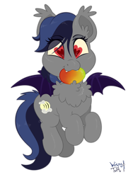 Size: 2448x3264 | Tagged: safe, artist:wispy tuft, imported from derpibooru, oc, oc only, oc:echo, bat, bat pony, fruit bat, pony, bat pony oc, bat wings, chest fluff, fluffy, food, fruit, heart eyes, herbivore, high res, mango, mouth hold, solo, true love, wingding eyes, wings