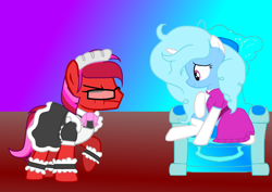 Size: 1650x1169 | Tagged: safe, artist:ngthanhphong, imported from derpibooru, oc, oc:jeremy sparkle, oc:ruby star, alicorn, earth pony, bow, clothes, crossdressing, dress, embarrassed, eyes closed, female, glasses, maid, male, mare, pouting, scar, stallion, throne, uniform