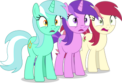 Size: 6712x4597 | Tagged: safe, artist:thatusualguy06, imported from derpibooru, amethyst star, lyra heartstrings, roseluck, sparkler, earth pony, pony, unicorn, absurd resolution, bags under eyes, faic, female, mare, open mouth, reaction image, recolor, shocked, show accurate, simple background, transparent background, trio, vector