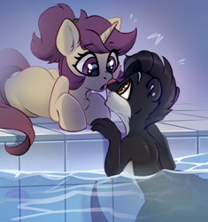 Size: 2568x2730 | Tagged: safe, artist:taneysha, imported from derpibooru, oc, oc:lavrushka, otter, pony, unicorn, furry, furry oc, high res, horn, looking at each other, pale belly, pony oc, surprised, swimming pool, water