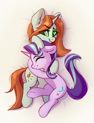 Size: 2276x2972 | Tagged: safe, artist:taneysha, imported from derpibooru, crackle cosette, queen chrysalis, starlight glimmer, pony, unicorn, disguise, disguised changeling, duo, eye clipping through hair, eyebrows, eyebrows visible through hair, eyes closed, female, high res, hug, mare, smiling