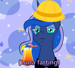 Size: 607x548 | Tagged: safe, artist:jargon scott, imported from derpibooru, princess luna, alicorn, pony, abstract background, bust, cocktail umbrella, drink, female, hat, implied farting, lidded eyes, mare, solo, subtitles