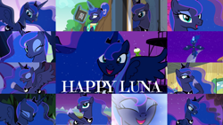 Size: 1280x721 | Tagged: safe, edit, edited screencap, editor:quoterific, imported from derpibooru, screencap, princess luna, alicorn, pony, a royal problem, between dark and dawn, bloom and gloom, do princesses dream of magic sheep, for whom the sweetie belle toils, luna eclipsed, princess spike (episode), princess twilight sparkle (episode), season 2, season 3, season 4, season 5, season 7, season 9, sleepless in ponyville, to where and back again, twilight's kingdom, book, clubhouse, crown, crusaders clubhouse, cute, eyes closed, female, jewelry, laughing, lunabetes, magic, mare, night, one eye closed, open mouth, ponytail, regalia, smiling, solo, telekinesis, wink