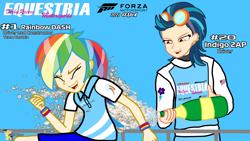 Size: 3840x2160 | Tagged: safe, artist:forzaveteranenigma, imported from derpibooru, indigo zap, rainbow dash, human, fanfic:equestria motorsports, equestria girls, alcohol, american flag, celebration, champagne, clothes, cutie mark, ear piercing, earring, fanart, forza motorsport, high res, human coloration, humanized, jewelry, lexus, mclaren, miniskirt, piercing, polo shirt, racing suit, short skirt, simple background, skirt, spray, usa flag, wet, wet hair, wine