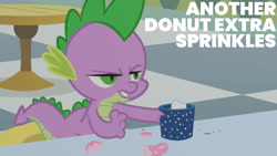 Size: 1280x720 | Tagged: safe, edit, edited screencap, editor:quoterific, imported from derpibooru, screencap, spike, dragon, season 1, the best night ever, chocolate, donut, food, hot chocolate, male, marshmallow, mood, mug, solo