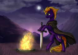 Size: 4212x3000 | Tagged: safe, artist:megabait, imported from derpibooru, oc, pony, alone, bonfire, cloak, clothes, fire, mountain, night, sword, weapon