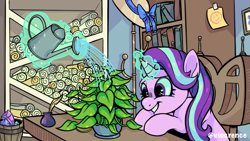 Size: 985x554 | Tagged: safe, artist:viocrence, imported from derpibooru, phyllis, starlight glimmer, pony, unicorn, glowing horn, horn, philodendron, solo, starlight's office, watering, watering can