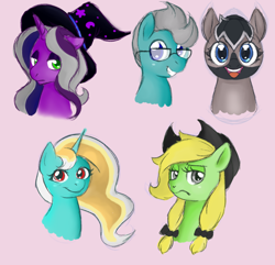 Size: 900x868 | Tagged: artist needed, safe, imported from derpibooru, oc, oc only, oc:from kum, oc:palmetto pret, oc:silver dawn, oc:sparkling fjord, oc:speedy keystroke, earth pony, pony, unicorn, /mlp/, bust, female, frown, glasses, group, hat, lidded eyes, male, mare, pigtails, ponified horse, quintet, simple background, smiling, stallion, wizard hat