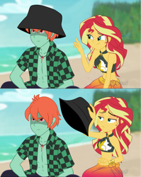Size: 4197x5272 | Tagged: safe, artist:floonasif, imported from derpibooru, sunset shimmer, oc, oc:ruby sword, equestria girls, abs, bare shoulders, beach, bikini, bikini top, canon x oc, clothes, female, gary stu 2.0, glare, grumpy, hat, hatless, male, missing accessory, sarong, shipping, show accurate, sleeveless, straight, sunsword, swimsuit