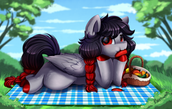 Size: 3318x2095 | Tagged: safe, artist:pridark, imported from derpibooru, oc, oc only, pegasus, pony, chili pepper, commission, eating, female, grass, herbivore, high res, looking at you, picnic, picnic blanket, solo, spicy