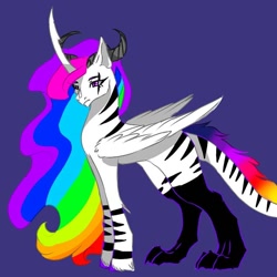 Size: 768x768 | Tagged: safe, alternate version, artist:_goddesskatie_, imported from derpibooru, oc, oc only, alicorn, hybrid, pony, alicorn oc, blue background, eye scar, female, horn, mare, multicolored hair, rainbow hair, scar, simple background, solo, wings