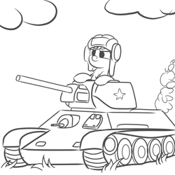 Size: 2000x2000 | Tagged: safe, artist:pizzamovies, imported from derpibooru, oc, oc only, oc:tenk pone, earth pony, pony, chest fluff, cyrillic, female, high res, mare, monochrome, russian, solo, t-34, tank (vehicle)