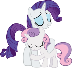 Size: 3155x3000 | Tagged: safe, artist:cloudy glow, artist:cloudyglow, imported from derpibooru, rarity, sweetie belle, pony, unicorn, for whom the sweetie belle toils, season 4, .ai available, duo, duo female, eyes closed, female, filly, high res, hug, mare, sibling love, siblings, simple background, sisterly love, sisters, smiling, transparent background, vector