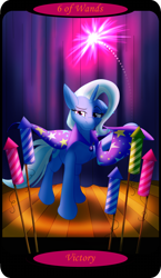 Size: 1500x2591 | Tagged: safe, artist:sixes&sevens, imported from derpibooru, trixie, pony, unicorn, cape, clothes, curtain, curtains, female, fireworks, hat, minor arcana, six of wands, solo, spotlight, stage, tarot card, trixie's cape, trixie's hat