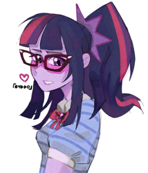 Size: 795x928 | Tagged: safe, artist:b4ddo, artist:miyuzkui, imported from derpibooru, sci-twi, twilight sparkle, equestria girls, blouse, female, floating heart, glasses, heart, ponytail, simple background, solo, white background