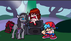 Size: 636x369 | Tagged: safe, artist:mythril azure, imported from derpibooru, oleander, unicorn, them's fightin' herds, backwards ballcap, baseball cap, book, boombox, boyfriend (friday night funkin), cap, community related, crossover, friday night funkin', girlfriend (friday night funkin), hat, microphone, oleander (tfh), unicornomicon