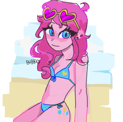 Size: 599x595 | Tagged: safe, artist:b4ddo, artist:miyuzkui, imported from derpibooru, pinkie pie, equestria girls, bikini, blue bikini, blue swimsuit, breasts, cleavage, clothes, ear piercing, earring, female, glasses, heart glasses, heart print, heart shaped glasses, heart sunglasses, jewelry, looking at you, messy hair, midriff, piercing, sleeveless, solo, sunglasses, swimsuit