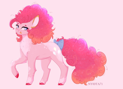 Size: 2136x1556 | Tagged: safe, artist:nyota71, imported from derpibooru, pinkie pie, earth pony, pony, alternate hairstyle, belly fluff, body markings, bow, chest fluff, colored hooves, ear fluff, female, looking at you, mare, multicolored hair, redesign, smiling, solo, spots, tail bow, tongue out