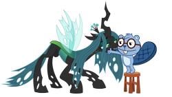 Size: 3307x1860 | Tagged: safe, artist:culu-bluebeaver, imported from derpibooru, queen chrysalis, oc, oc:culu, beaver, changeling, changeling queen, canon x oc, cartoon, chair, crown, digital, digital art, fanart, female, glasses, happy tree friends, horn, jewelry, looking at each other, male, open mouth, png, regalia, simple background, smiling, straight, transparent background, vector, wings