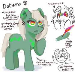 Size: 1207x1178 | Tagged: safe, artist:b4ddo, artist:miyuzkui, imported from derpibooru, oc, oc only, oc:datura, earth pony, pony, blood, female, implied drug use, implied drugs, mare, ponysona, psychedelic, rainbow blood, reference sheet, solo