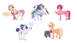 Size: 3500x1968 | Tagged: safe, artist:28gooddays, imported from derpibooru, applejack, fluttershy, pinkie pie, rainbow dash, rarity, bald eagle, bird, eagle, earth pony, falcon, hawk, pegasus, pony, unicorn, magical mystery cure, alternate hairstyle, alternate universe, apple, apple pie, applejack is not amused, bags under eyes, belt, bomber jacket, braided tail, clothes, cloud, cloud sculpting, collar, eyeshadow, falconer, food, glasses, goggles, grin, hair bun, headset, jacket, magic, makeup, neckerchief, necktie, party planning, pie, short hair, short mane, skirt, smiling, suit, swapped cutie marks, unamused, what if, wing hands, wings