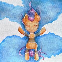 Size: 1024x1024 | Tagged: safe, artist:0okami-0ni, imported from derpibooru, scootaloo, pegasus, pony, cloud, ear fluff, eyes closed, female, filly, sky, solo, solo female, spread wings, traditional art, water, watercolor painting, wings