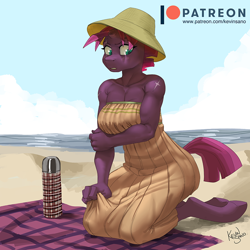 Size: 900x900 | Tagged: safe, artist:kevinsano, imported from derpibooru, tempest shadow, anthro, unguligrade anthro, unicorn, my little pony: the movie, angry, arm under breasts, bare shoulders, beach, beach towel, beautiful, beautisexy, biceps, body scar, body scars, breasts, broken horn, busty tempest shadow, cleavage, clothes, dress, embarrassed, eye scar, female, fit, flask, hat, hooves, horn, kneeling, looking away, mare, multiple variants, muscles, muscular female, outdoors, patreon, patreon logo, pecs, picnic blanket, pretty pretty tempest, scar, sexy, short hair, short tail, shoulderless, skirt, skirt pull, solo, stupid sexy tempest shadow, sun hat, sundress, tempest shadow is not amused, temple shadow, thermos, tomboy, unamused, uncomfortable