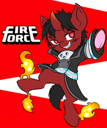 Size: 1667x1984 | Tagged: safe, artist:larrykitty, artist:php156, imported from derpibooru, original species, pony, clothes, coat, colt, crossover, fire, fire fighter, fire force, male, ponified, sharp teeth, shinra kusakabe, teeth, umbra pony