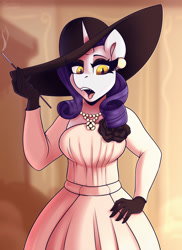 Size: 1600x2200 | Tagged: safe, artist:shadowreindeer, imported from derpibooru, rarity, anthro, vampire, cigarette, cigarette holder, clothes, crossover, dress, ear piercing, earring, eyeshadow, fangs, gloves, hat, jewelry, lady dimitrescu, lady raritrescu, makeup, necklace, piercing, resident evil 8, slit eyes, slit pupils, smoking, yellow eyes