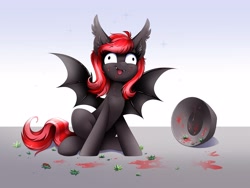 Size: 4000x3000 | Tagged: safe, artist:confetticakez, imported from derpibooru, oc, oc only, oc:strawberry stylus, bat pony, pony, vampire bat pony, berries, berry, bowl, derp, food, smiling, solo, sparkles, spread wings, strawberry, wide eyes, wings