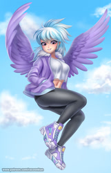 Size: 967x1500 | Tagged: safe, artist:racoonsan, imported from derpibooru, cloudchaser, human, belly button, breasts, busty cloudchaser, clothes, cloud, commission, cute, cutechaser, flying, hand in pocket, humanized, jacket, looking at you, midriff, pants, shoes, solo, winged humanization, wings